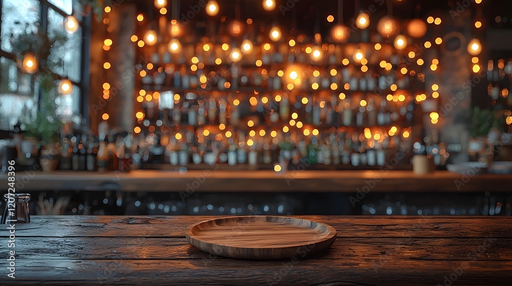 Poster Dreamy and cozy countryside bar setting with a wooden plate on a table in the foreground surrounded by glowing warm bokeh lights creating a relaxing and intimate atmosphere