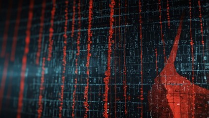 A cyber defense alert visualization showing a red exclamation mark on a fractured digital grid, depicting a network breach