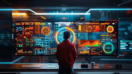 Man views futuristic data display; control room background; tech innovation concept