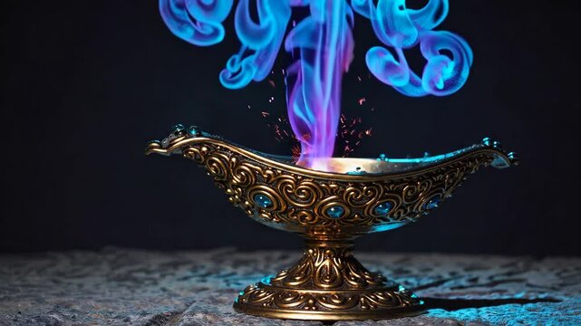 Ornate genie lamp with mystical blue and purple smoke swirling, fantasy concept