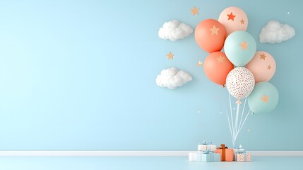 Dreamy and whimsical first birthday photography backdrop featuring a soft blue wall floating balloons in pastel colors twinkling stars and fluffy white clouds