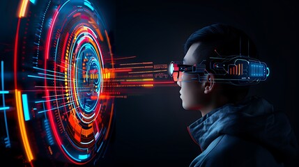 Man using VR headset, futuristic interface, dark background, technology concept