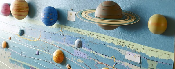 A solar system chart pinned on a wall with colorful diagrams of planets and orbits