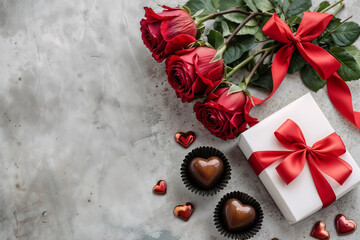 Happy Valentine's Day, Romantic Still Life With Red Roses And Gift Box, 14 Feb