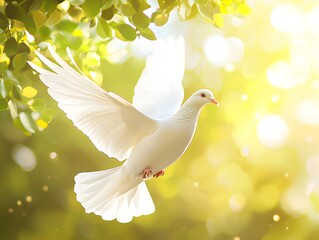 Fototapeta premium Photo of a White Dove in Flight Against Sunlit Foliage