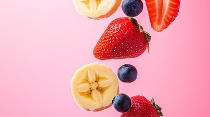 Fototapeta premium Close up of a pink background with a bunch of fruit including bananas, strawberries, and blueberries