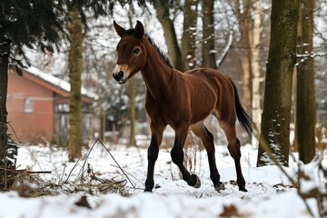 horse of black suit close-up against the background of trees and arena . Beautiful simple AI generated image