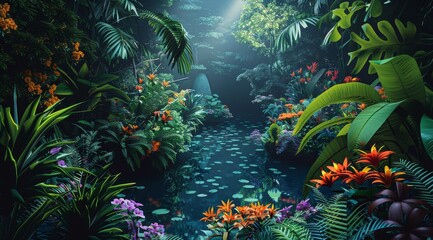 Obraz premium A lush, tropical jungle scene with a hidden lagoon. The lagoon is filled with clear blue water and a variety of fish. The surrounding jungle is dense and green, with a variety of colorful flowers.