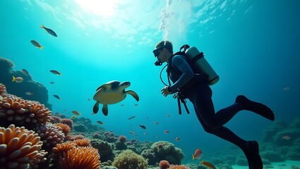 Scuba dive and meet a sea turtle among coral reefs and colorful fish in crystal clear ocean waters