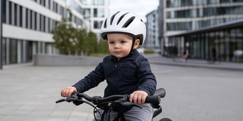 Obraz premium Toddler with a helmet on a bike in an urban setting, showcasing safety and early childhood exploration.
