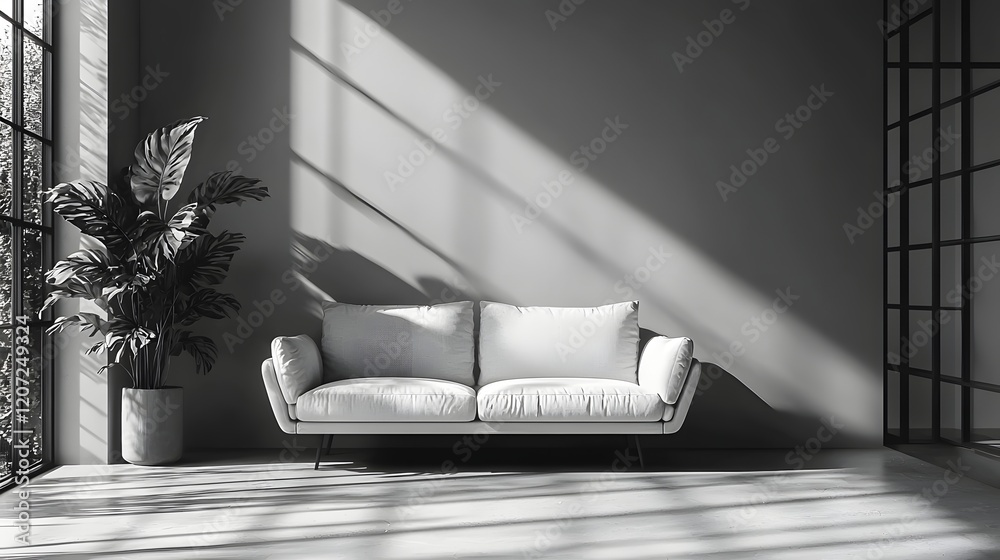 Poster elegant minimalist sofa chair set against a bright white studio backdrop with warm and inviting sunl