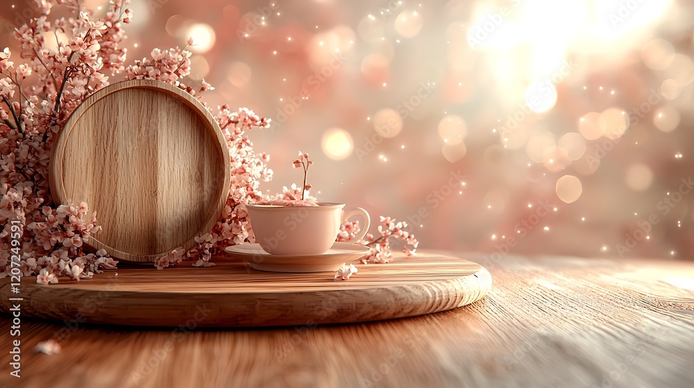 Leinwandbilder Elegant wooden plate backdrop with a soft glowing bokeh effect creating a warm and inviting ambiance for stunning food photography and product displays