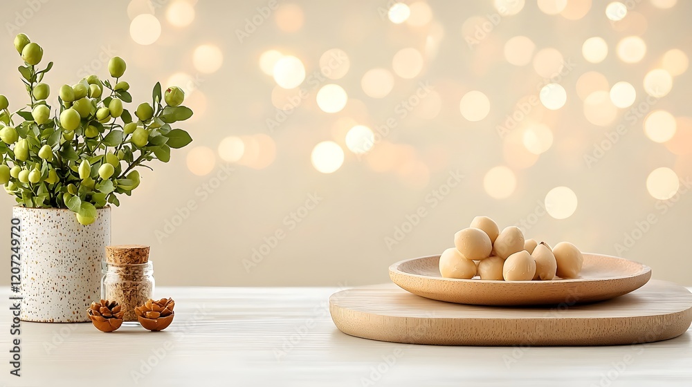Leinwandbilder elegant wooden plate set against a warm softly lit backdrop with a glowing bokeh effect creating a c