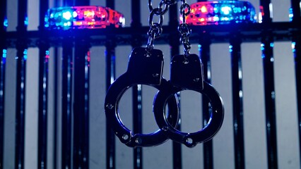 Metal handcuffs dangling from prison cell bars, backlit by pulsing emergency lights, signaling law enforcement detention and criminal restraint