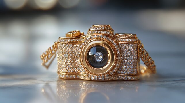 A Luxurious Golden Camera Adorned with Sparkling Diamonds on a Marble Surface