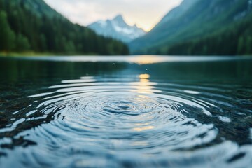 A close-up image of a hand gently touching the lake's surface, creating smooth waves as the sun sets