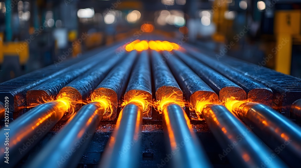 Poster image of heated metal rods glowing with intense light as they move on a conveyor system under the conditions of an active industrial factory setting