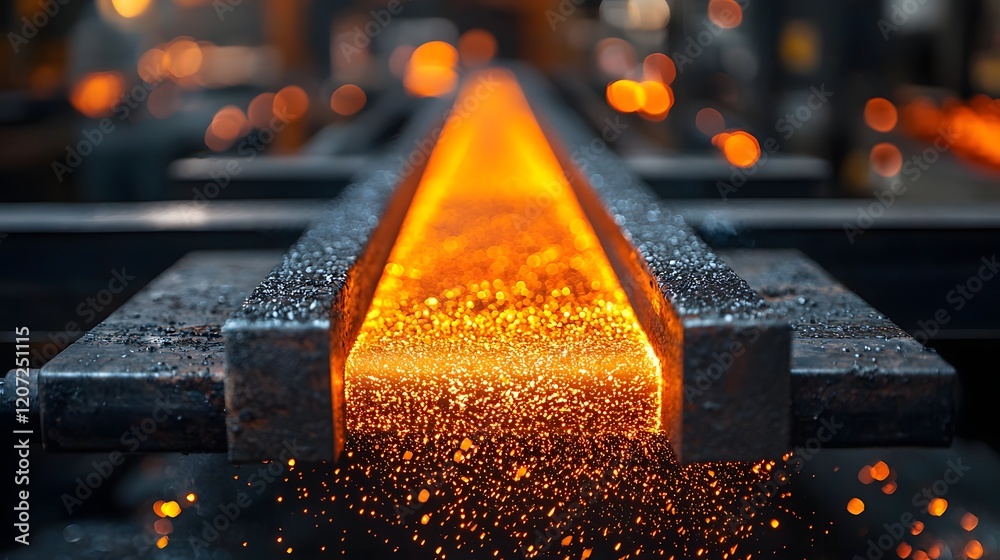 Poster image of heated metal rods glowing with intense light as they move along a conveyor system within an