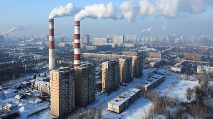 Naklejka premium Aerial view of a city with power plant emissions during winter