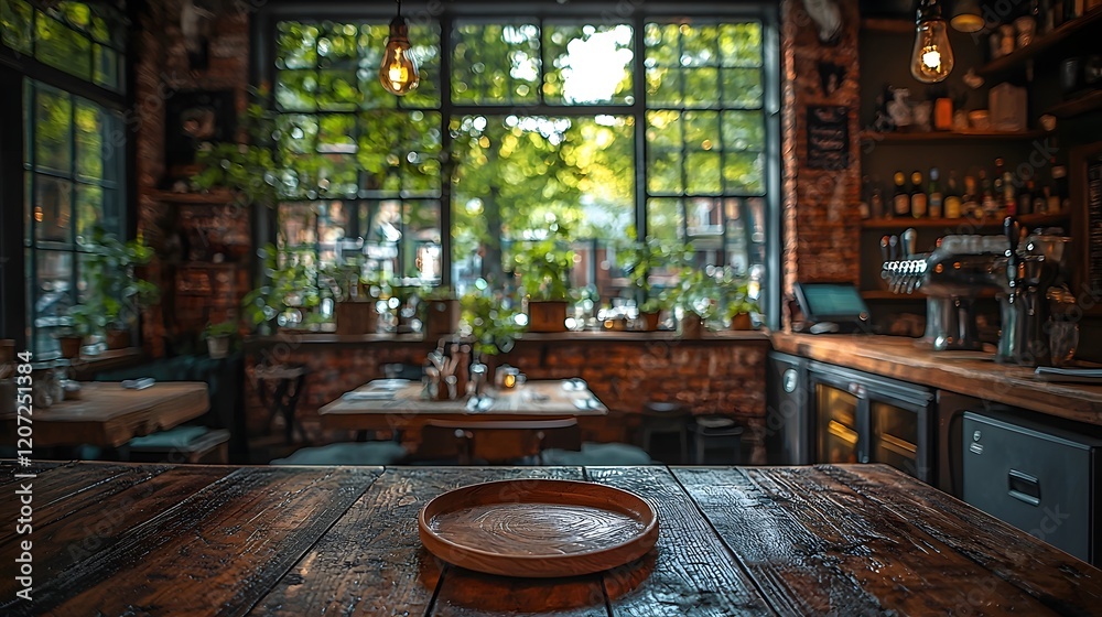 Poster inviting countryside bar setting featuring a warm and rustic ambiance with wooden table plate and fu