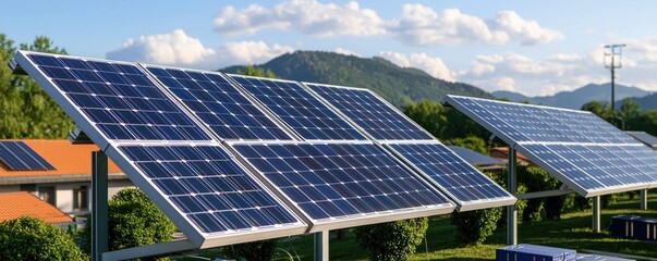 Solar panels harness sunlight, promoting renewable energy in a lush, green landscape with mountains in the background.