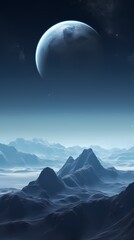 Digital technology blue silver mountains and planet landscape poster background