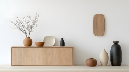 Minimalist and clean living room interior featuring a natural wood cabinet displaying simple decorative items like vases and bowls set against a bright white wall for a modern and peaceful aesthetic