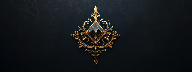 A gold and black diamond shaped ornament with a gold leaf design