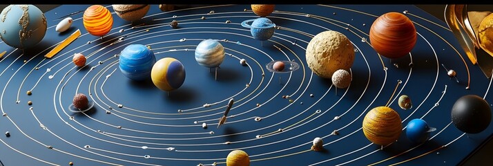 A solar system model with planets and their orbits displayed on a science project board