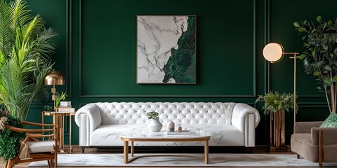 Green living room with white marble sofa and dark green wall, mockup frame, plants, lamp and floor lamps, wooden furniture, high-definition image, bokeh background