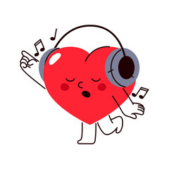 Vector heart in headphones dancing or listening music. Icon of love character dance. Symbol for Valentines day or lover holiday. Romance and affection, romantic relationship expression. Emotion.