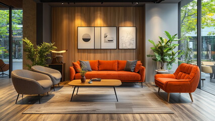 Comfortable orange sofa and coffee table in the lounge of a building, aesthetic interior design, common area to for waiting and socialising