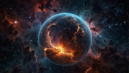A 360-degree spherical projection of a deep space nebula, filled with bright stars and cosmic clouds