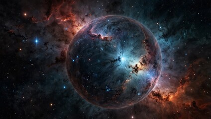 A 360-degree spherical projection of a deep space nebula, filled with bright stars and cosmic clouds