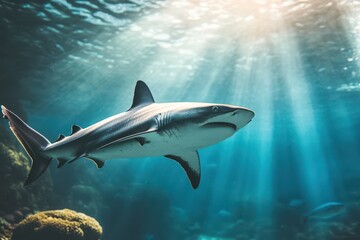 Obraz premium Majestic Shark Swimming Gracefully in Crystal Clear Ocean Waters Illuminated by Sunrays, Showcasing the Beauty of Marine Life and Underwater Exploration