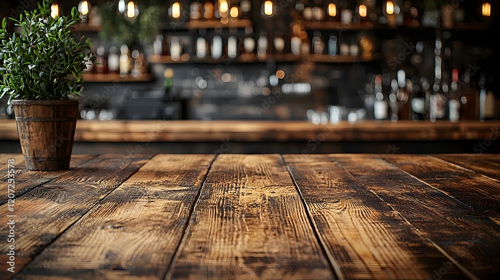 Leinwandbilder Rustic and moody bar background featuring a weathered wooden table in the foreground ideal for showcasing products food items or creating stylish mockups and compositions  The image exudes a cozy