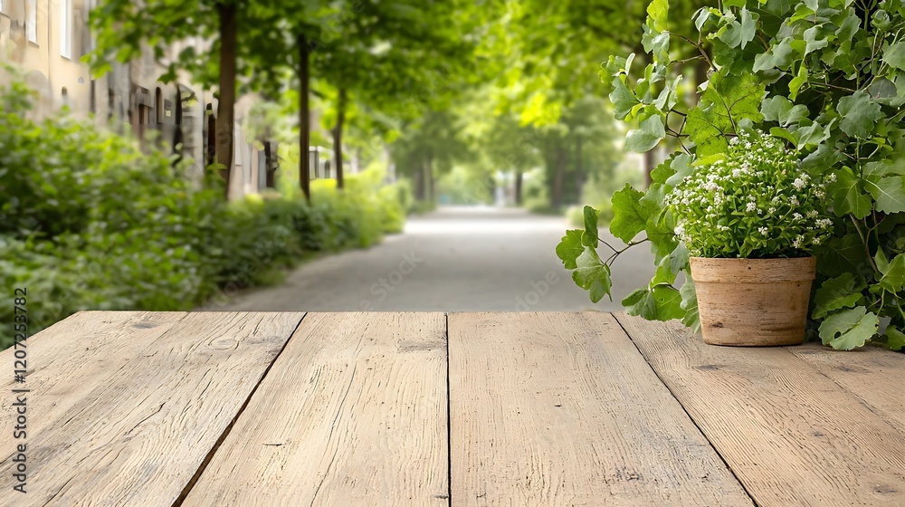 Aufkleber Rustic and weathered wooden table in a countryside bar background setting creating an inviting and natural environment for product display and mock up photography