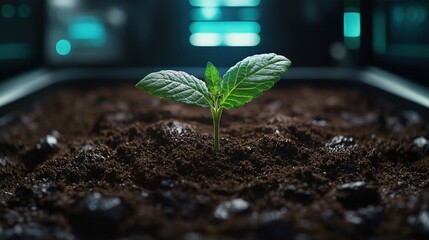 Young plant seedling growing in dark soil in futuristic lab.