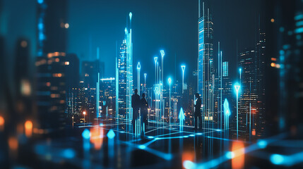 Fototapeta premium abstract professional business team people connection of line from nail node to node on Smart digital cityscap and skyline background , Innovation networking concept