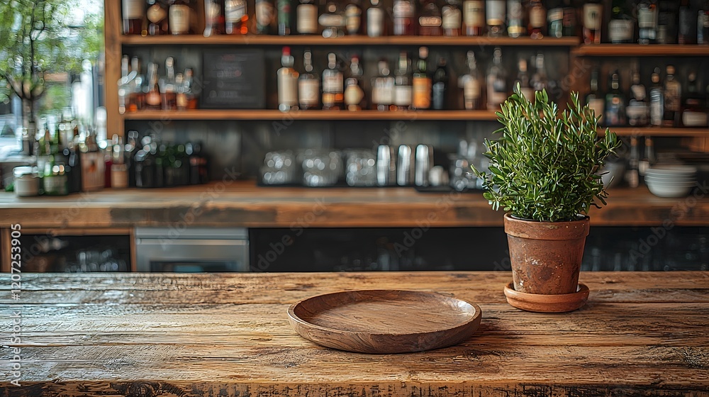 Poster rustic bar background featuring a wooden table with a simple ceramic plate in the foreground creatin