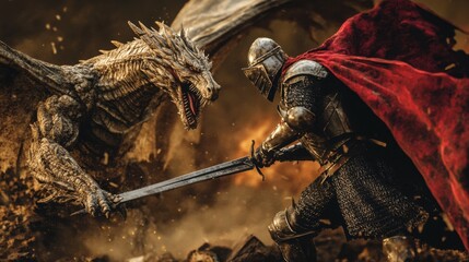A medieval dragon artwork showing a fierce battle between a dragon and a knight, dynamic action with dramatic lighting and rich textures