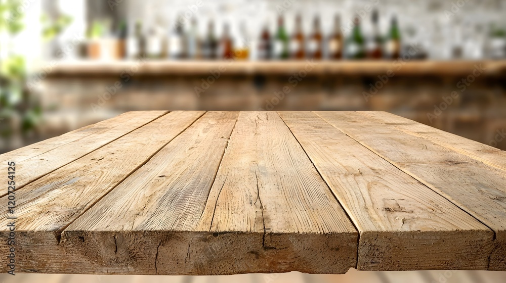 Fototapete Rustic countryside bar background with a weathered wooden table in the foreground creating an inviting and charming setting ideal for product display mockups advertising packaging
