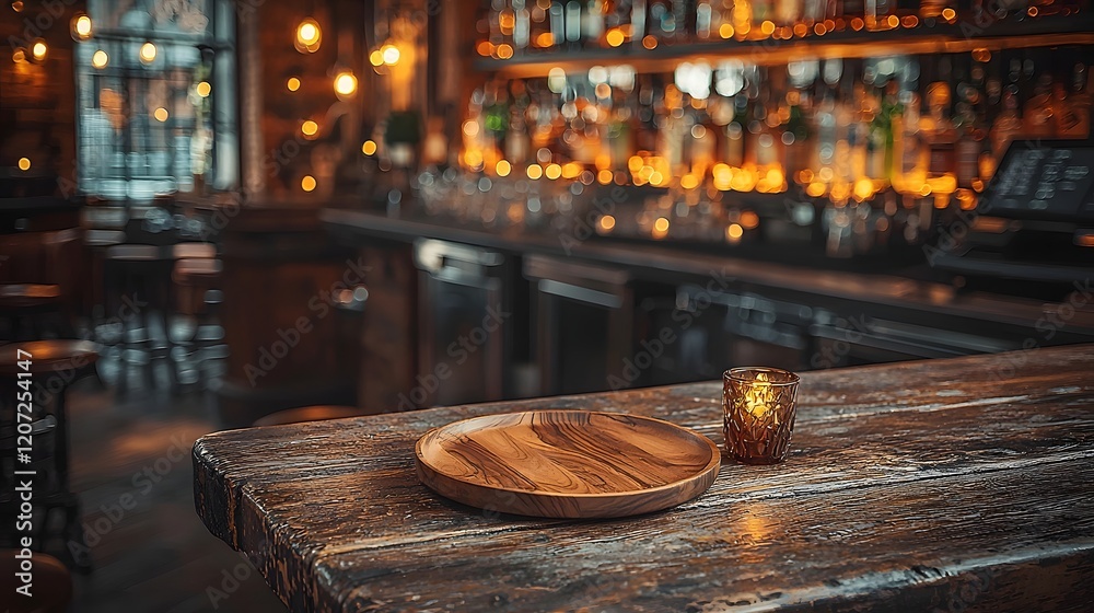 Poster Rustic countryside bar featuring a natural wooden plate on a weathered table illuminated by golden soft bokeh lighting creating a warm and cozy ambiance