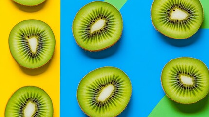 Fototapeta premium Close up of a green kiwi fruit with a yellow background. The kiwi slices are arranged in a pattern on the background