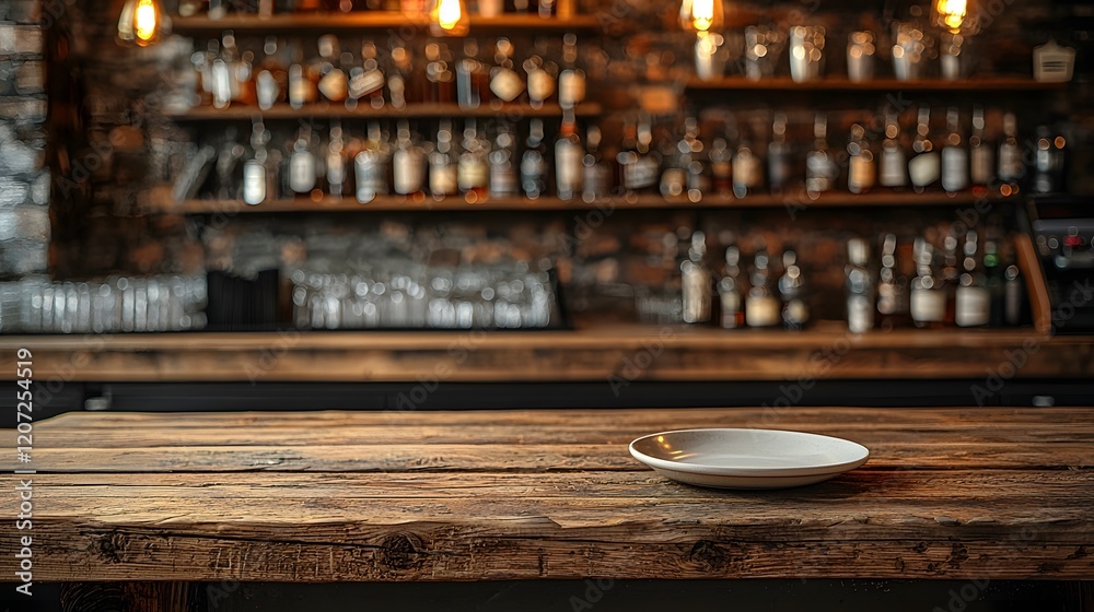Aufkleber Rustic wooden bar background with a simple wooden table and plate in the foreground creating a warm and inviting atmosphere for a relaxing or intimate setting