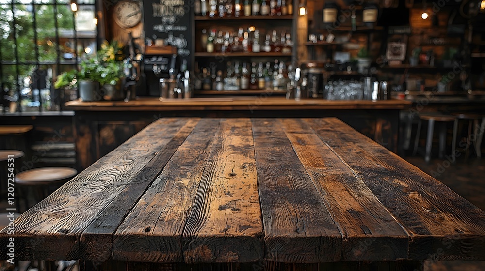 Aufkleber Rustic wooden bar table in the foreground with vintage decor elements bottles and lighting in the background creating a cozy warm and moody ambiance for a relaxing intimate gathering or socializing