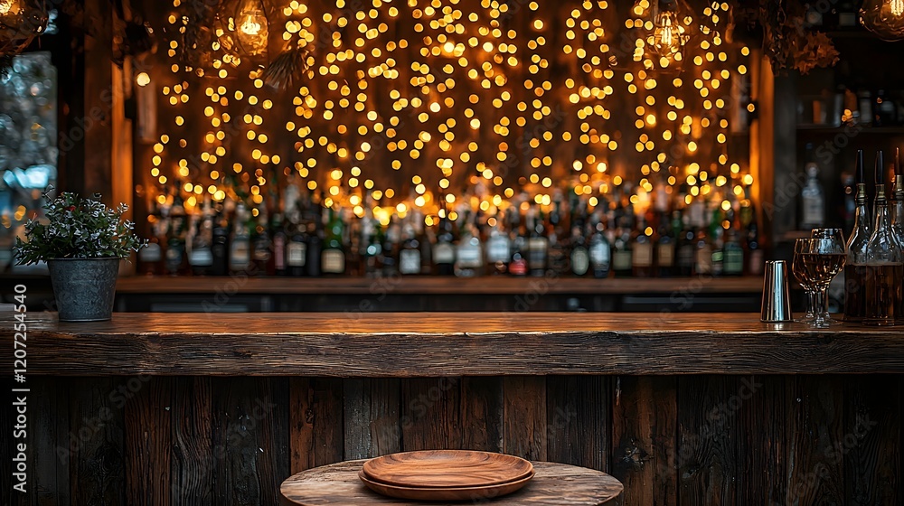 Aufkleber Rustic wooden bar table and plate in the foreground surrounded by a warm and captivating golden bokeh glow creating a cozy and sophisticated ambiance for a festive or intimate nightlife experience