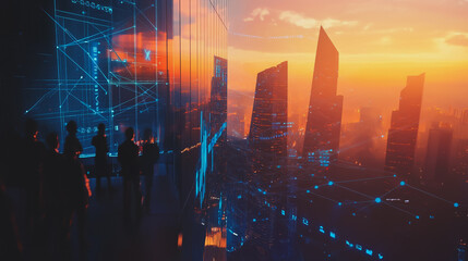 Fototapeta premium abstract professional business team people connection of line from nail node to node on Smart digital cityscap and skyline background , Innovation networking concept