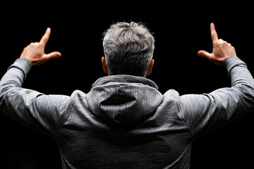 A man expressing confidence with his arms raised, showcasing determination and positivity against a dark background.