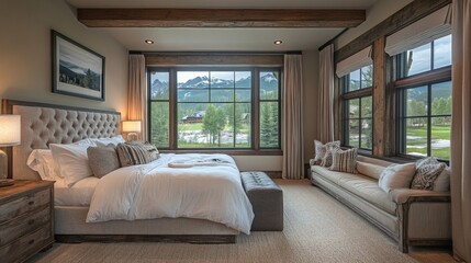 Obraz premium Luxurious Mountain View Bedroom with Rustic Accents